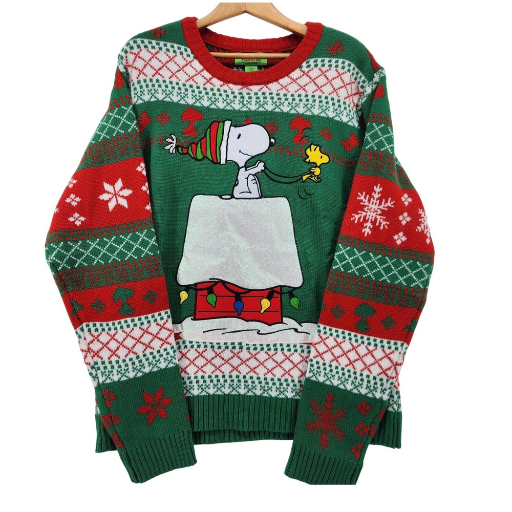 Peanuts Snoopy Woodstock Christmas Sweater Red Green Fair Isle LPEST06439K Large